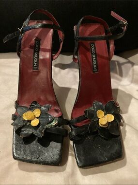 Black Vintage Floral Ankle-Strap Heels